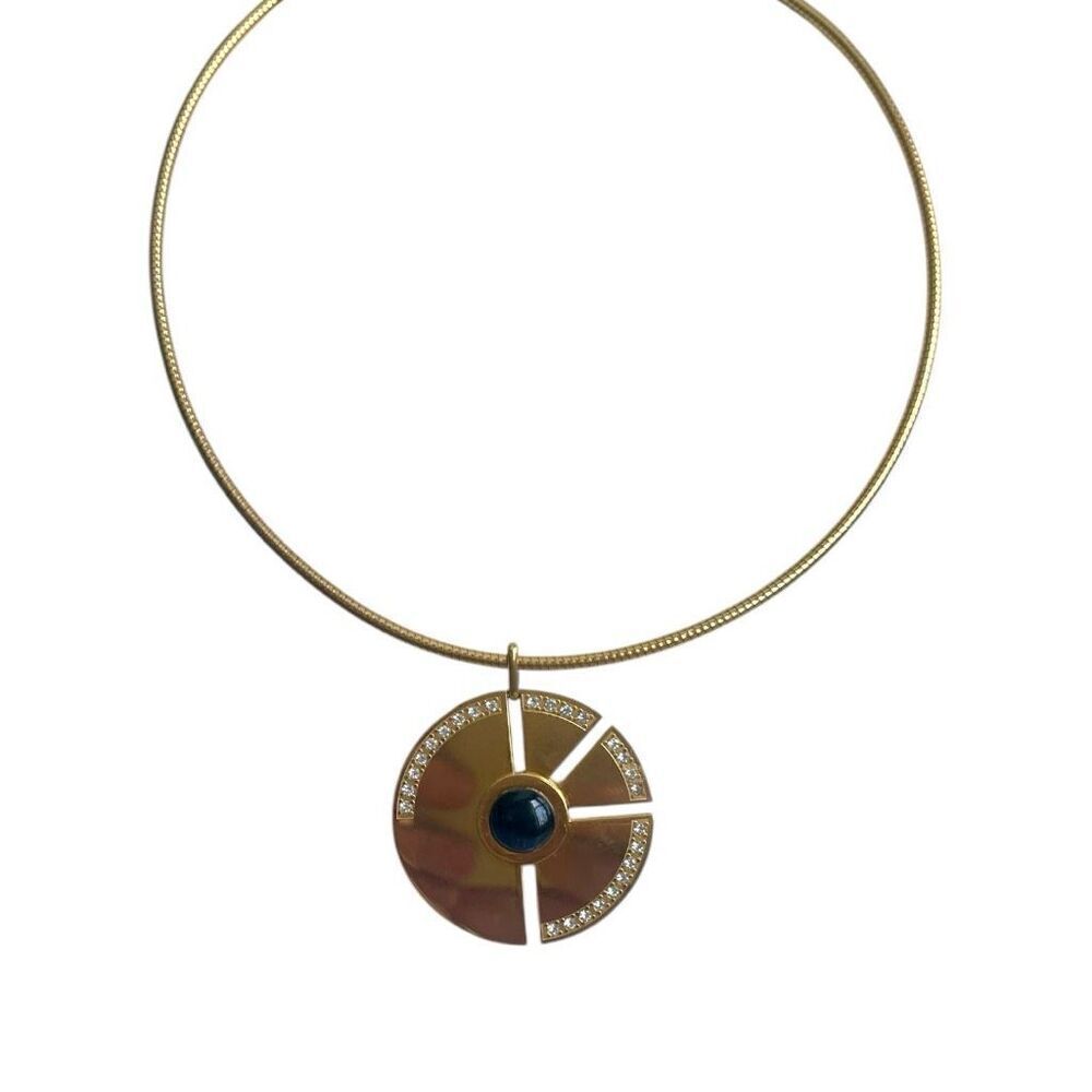 Pendant Necklace Gold with Navy Blue Stone Unique Statement Necklace Omega Chain